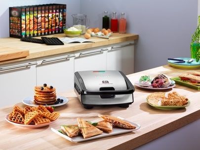 Мультимейкер Tefal Snack collection Snack collection, 700Вт, коплект-3 платини, тефлон, корпус-нержав.сталь, пластик, чорний (SW854D16) 320649 фото