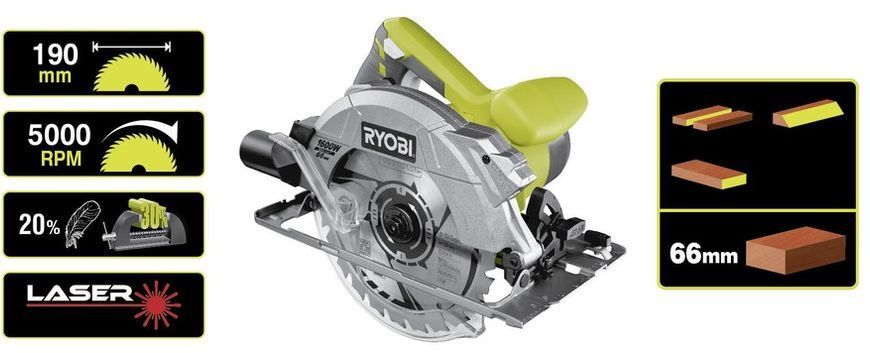 Пила дискова Ryobi RCS1600-PG, 190х24мм, 1600Вт,лазер, 3.7кг (5133002780) 322871 фото