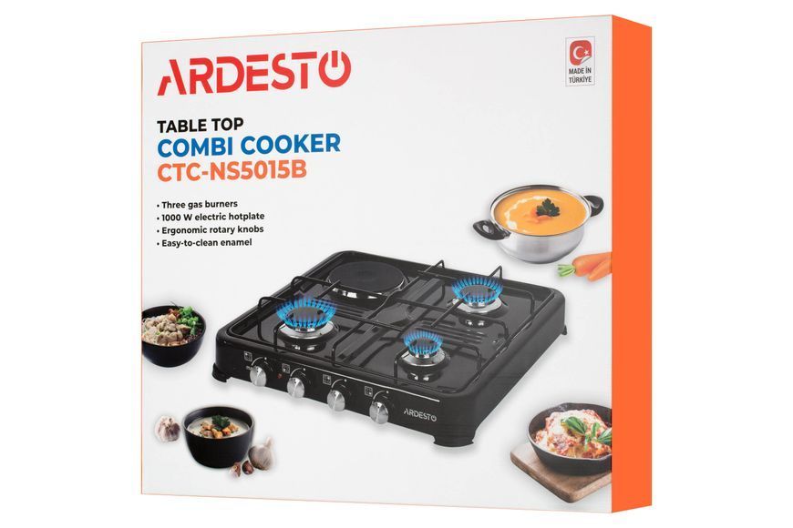 Плитка комбінована настільна Ardesto CTC-NS5015B, тип газу LPG, 3 алюмін. газ. пальника, 1 електрич. конфорка, емальован. корпус, фарбов. решітка, колір: чорний (CTC-NS5015B) 369639 фото