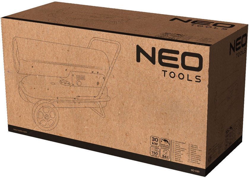 Теплова гармата дизель/гас Neo Tools, прямого нагріву, 30кВт, 420м кв., 750м куб./год, колеса, IPX4, чорний (90-081) 355900 фото