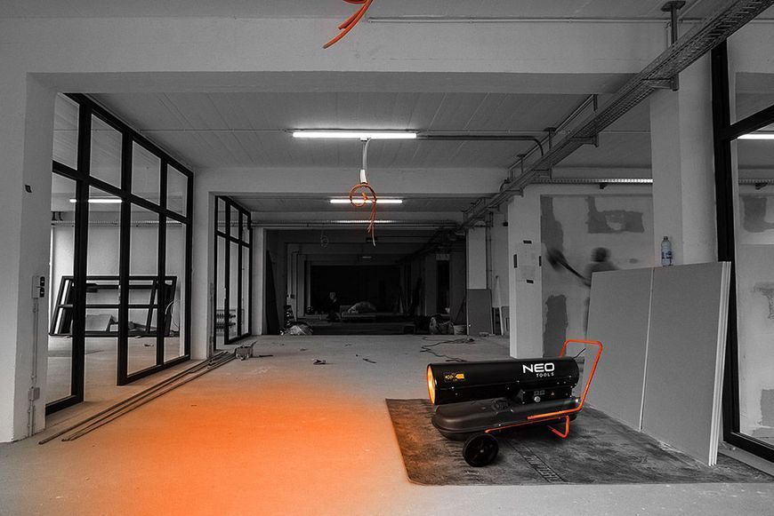 Теплова гармата дизель/гас Neo Tools, прямого нагріву, 50кВт, 720м кв., 1100м куб./год, колеса, IPX4, чорний (90-082) 355903 фото